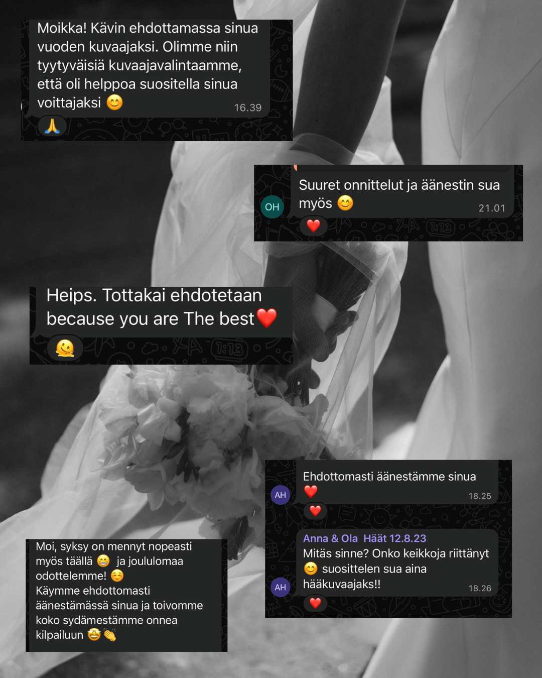 Asiakaspalautteita ja viestejä hääpareilta valokuvaajalle.