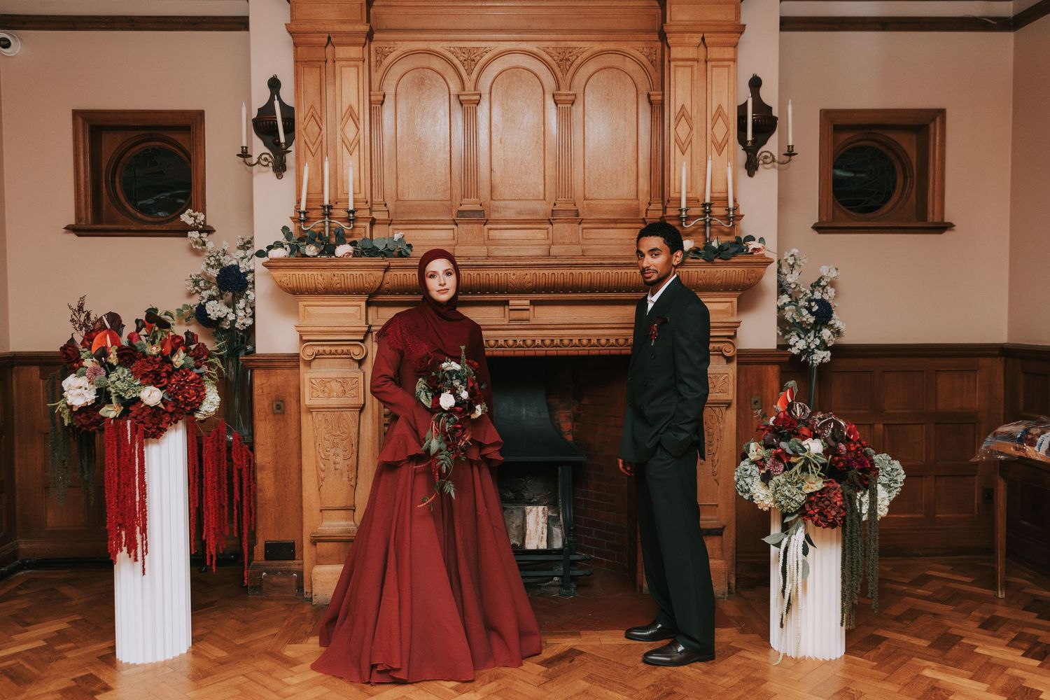 Prested Hall Muslim Engagement Photography - Couple by Historic Fireplace