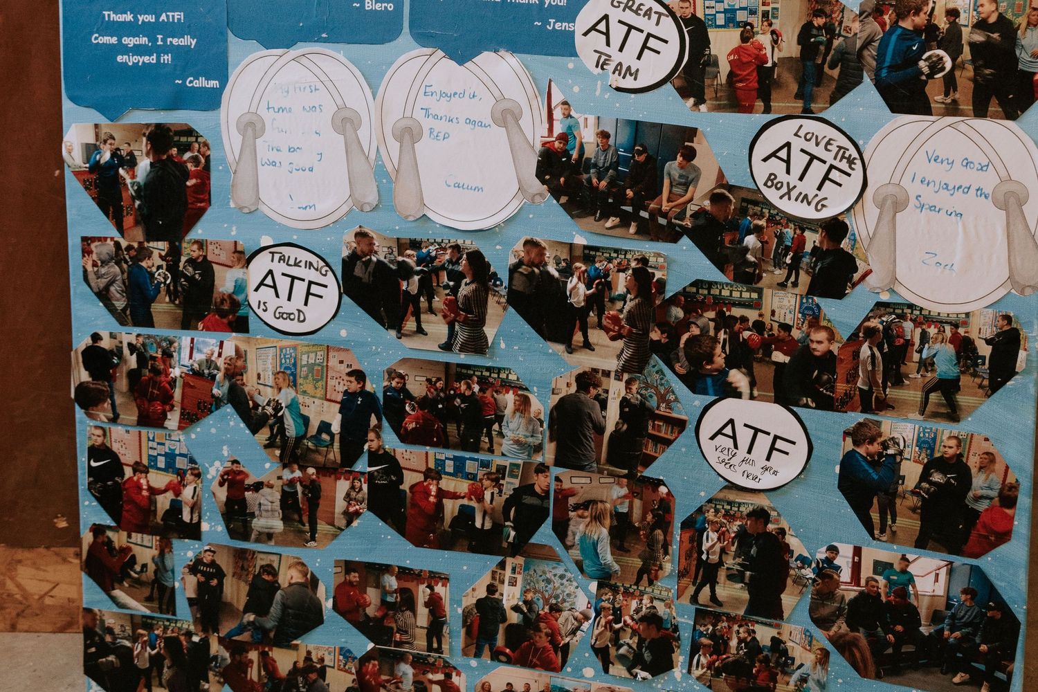 A collage of event photos is displayed on a blue board, featuring speech bubbles and ATF logos. capturing moments for a corporate project