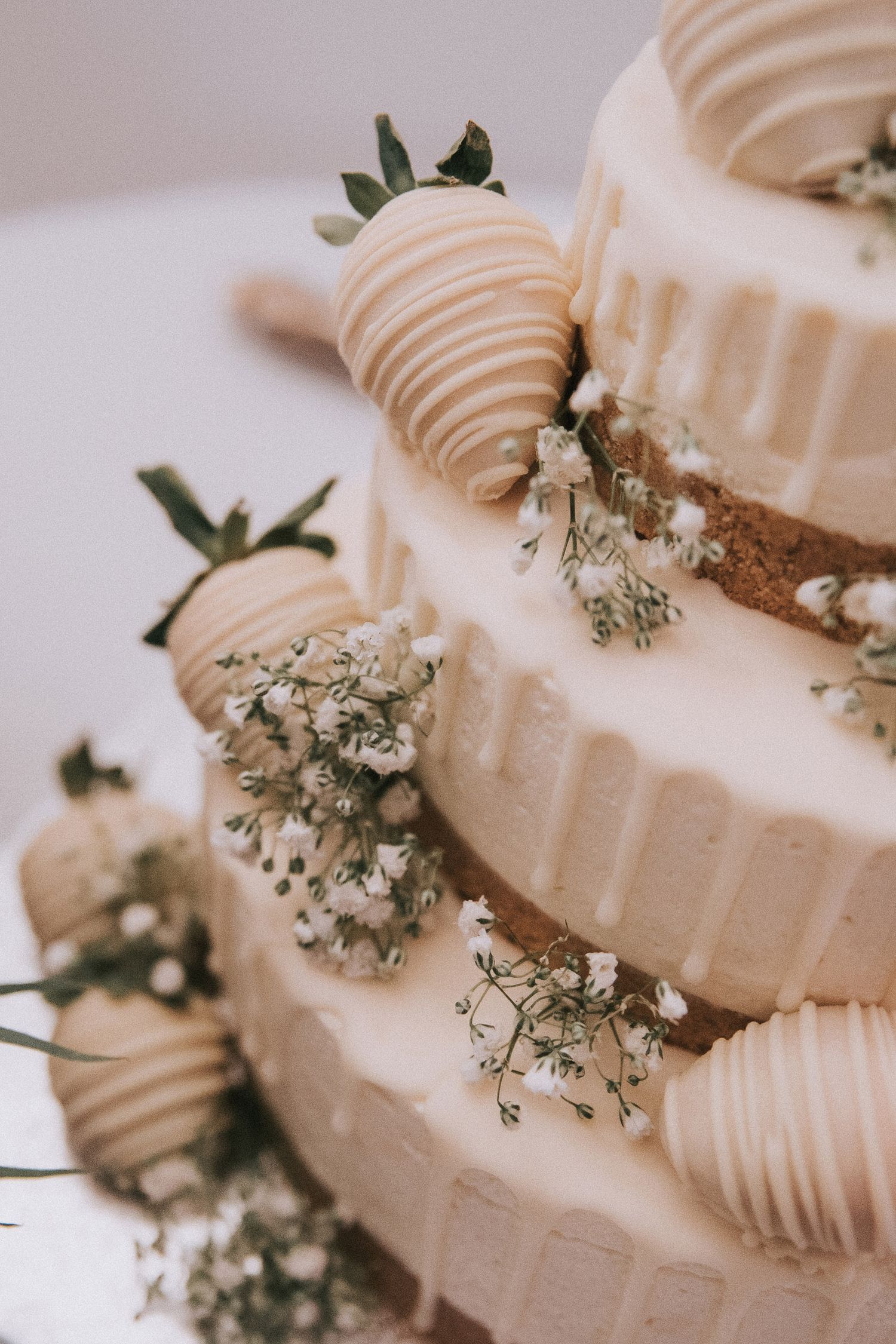 Elegant white wedding cake decorated with chocolate-dipped strawberries and baby's breath flowers.