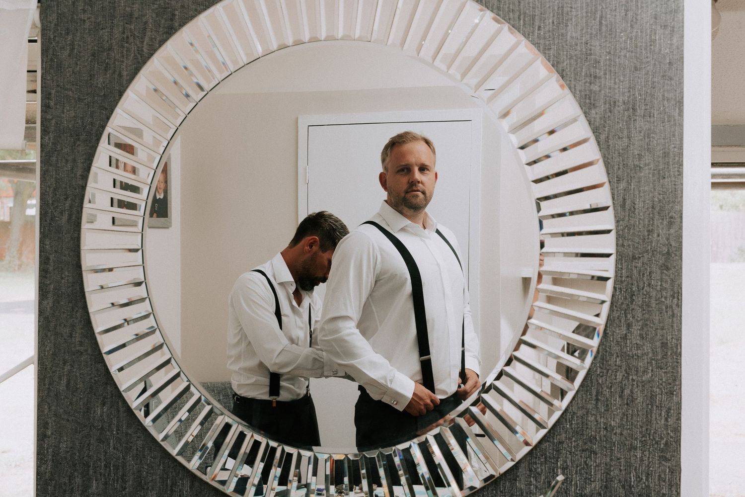 Cromwell Manor Groom Preparation Mirror Portrait Basildon Wedding