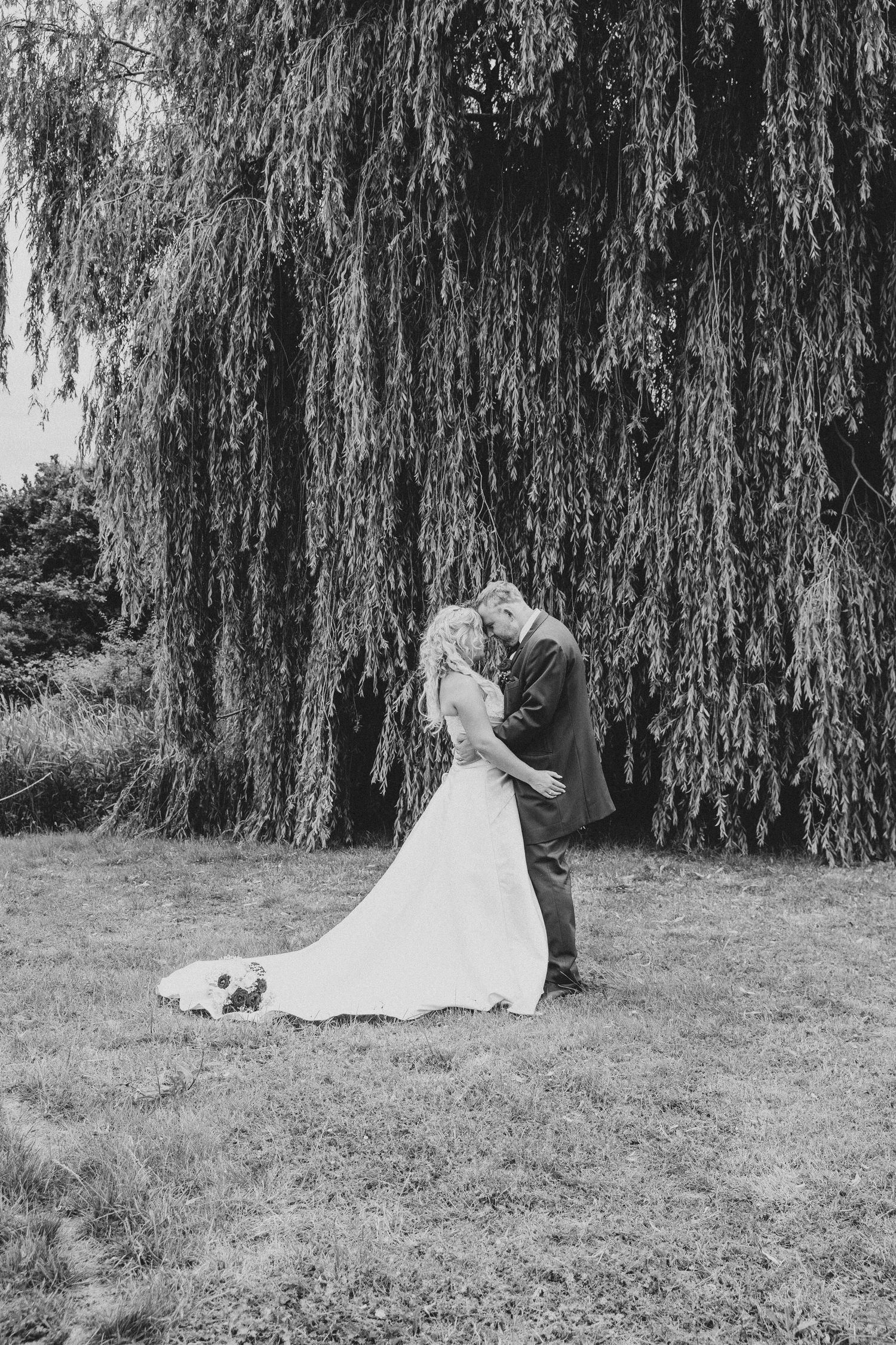 Black and white photo of a bride and groom sharing a romantic kiss under a weeping willow tree on their wedding day at Cromwell Manor.
