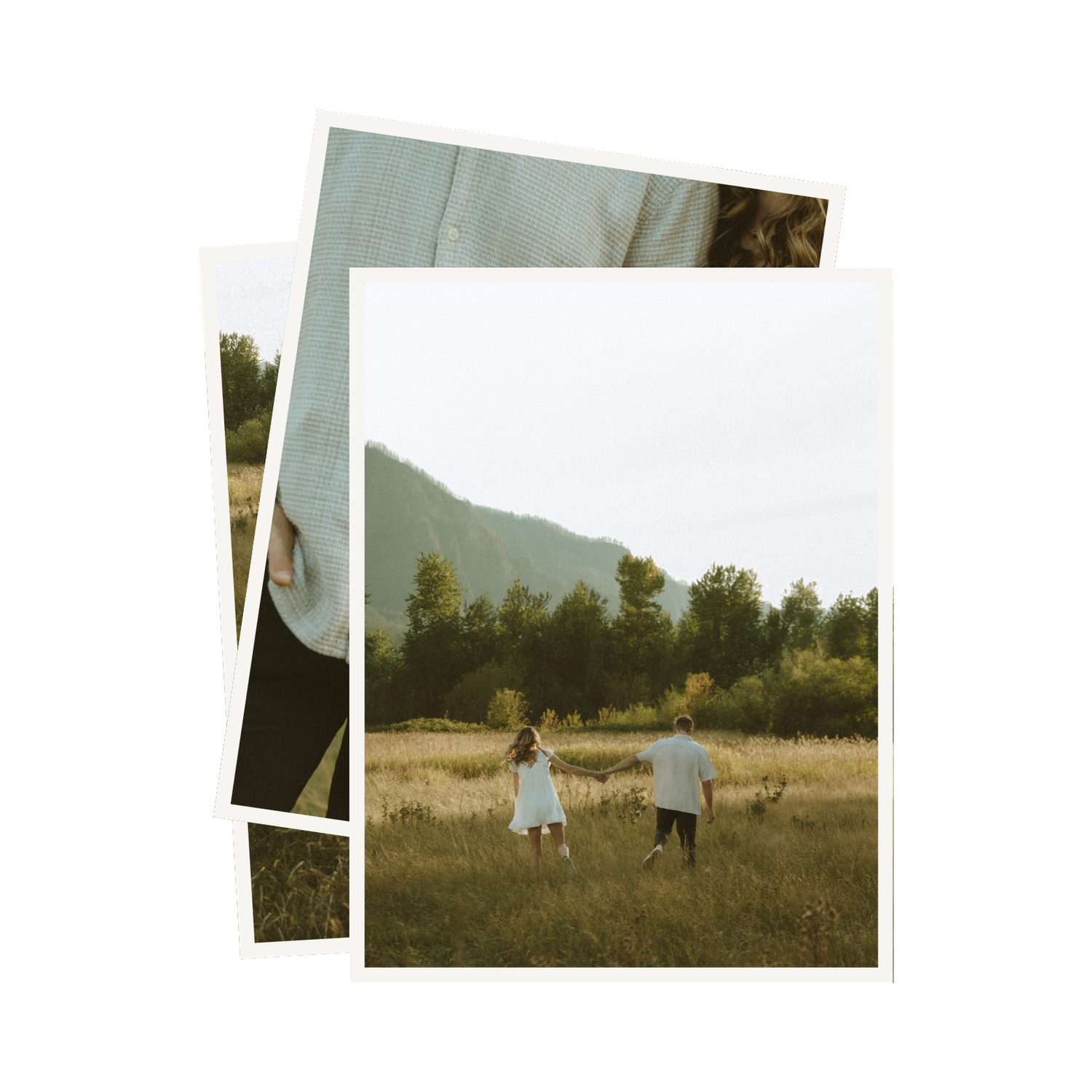 Fragmented landscape photographs showing people walking in a sunny meadow.