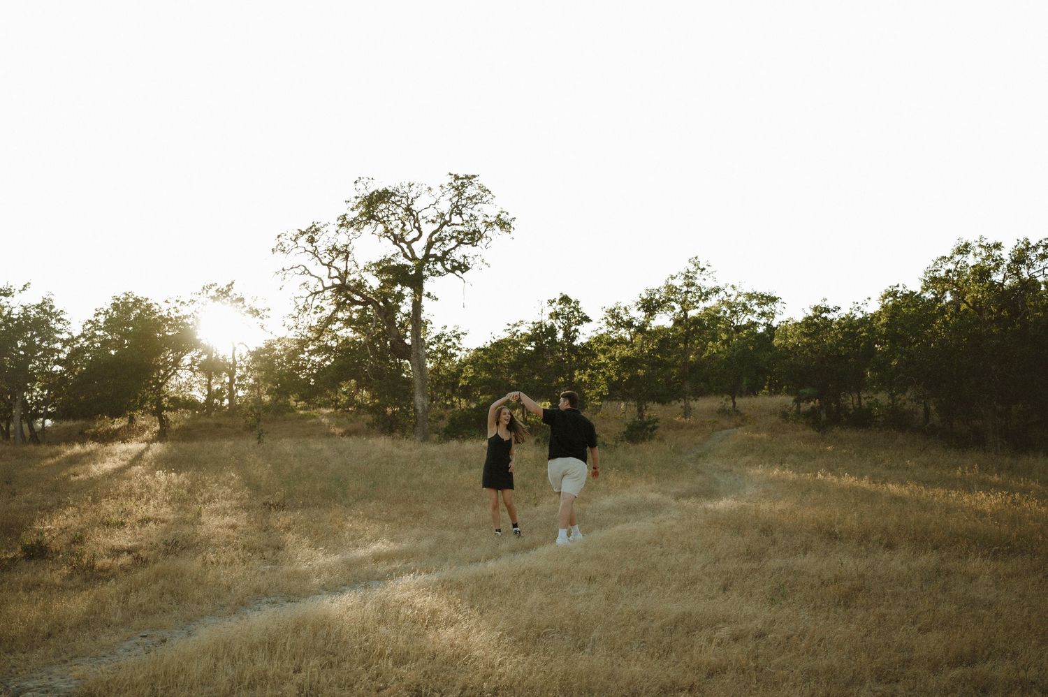 Rolling hills and grasslands stretch into the distance under a warm evening sky.