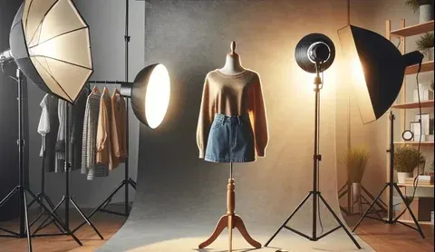 Fashion photography studio setup with mannequin wearing sweater and denim skirt under professional lighting.