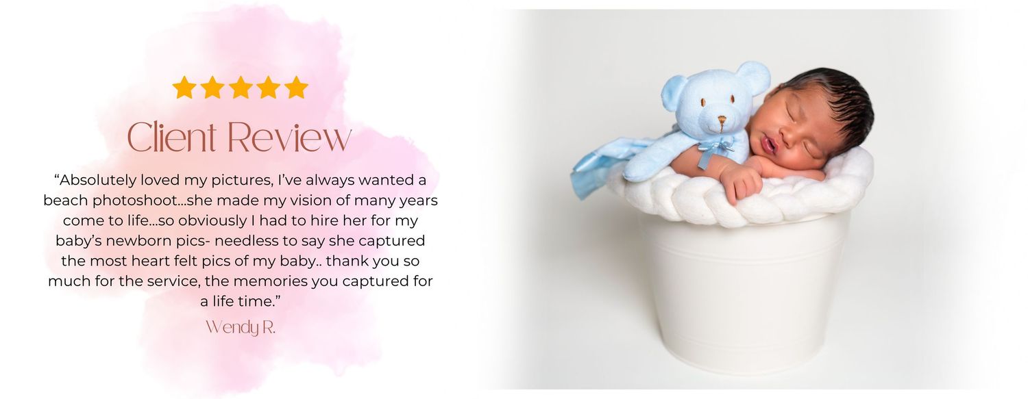 A pink border frames five client testimonial text reviews and baby photography samples displayed side by side.