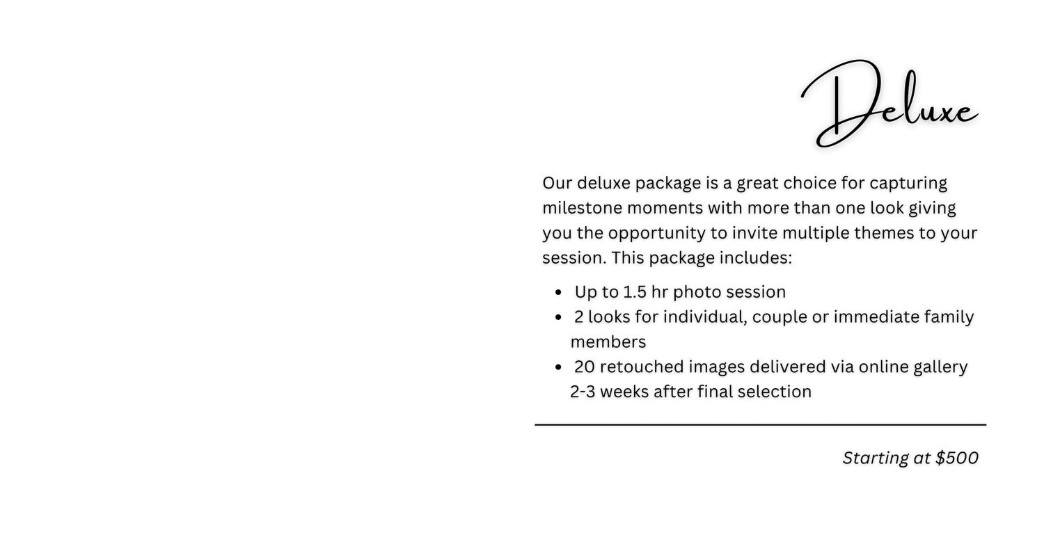 A deluxe wedding photography pricing menu showing package details and starting price of $600.