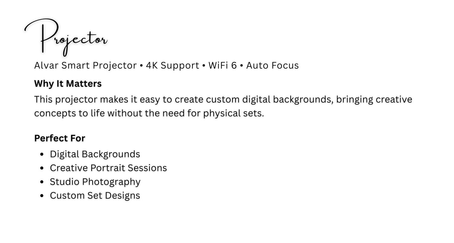 Alvar Smart Projector with 4K support, WiFi 6, and auto focus for digital backgrounds and studio photography.