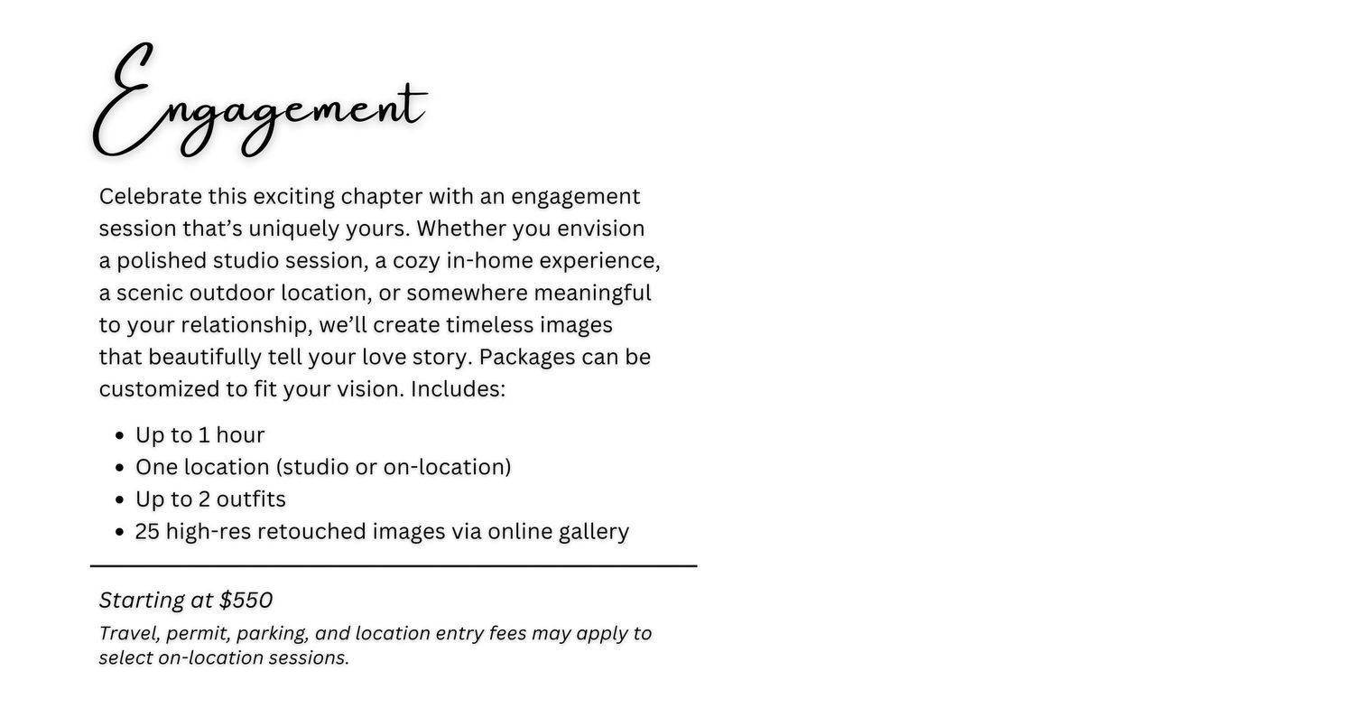 Elegant engagement photography session package flyer with cursive title, service details, and pricing starting at $550.