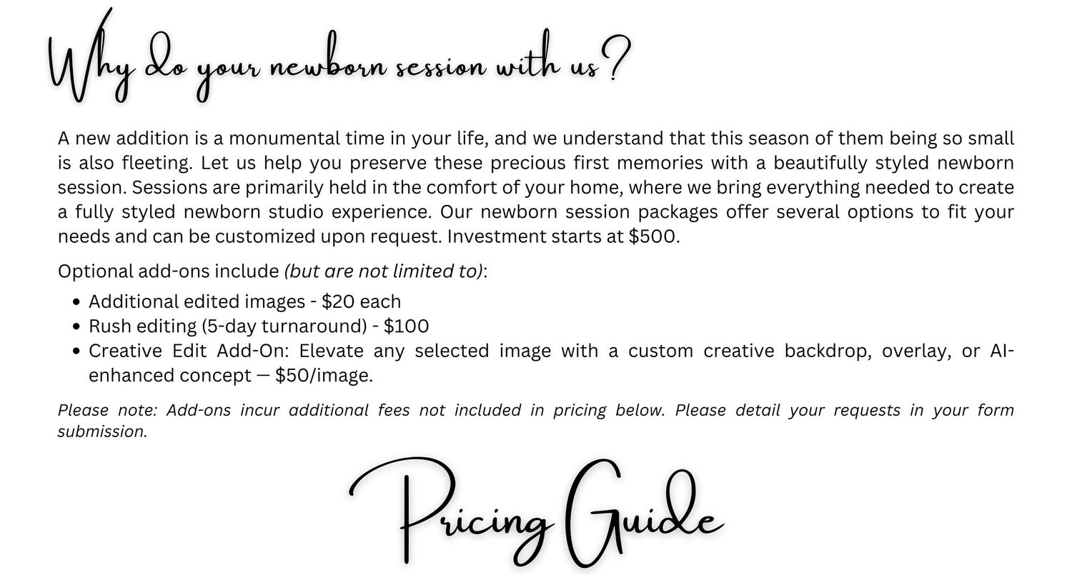 Newborn photography pricing guide detailing session packages, optional add-ons, and customizable creative concepts for families.