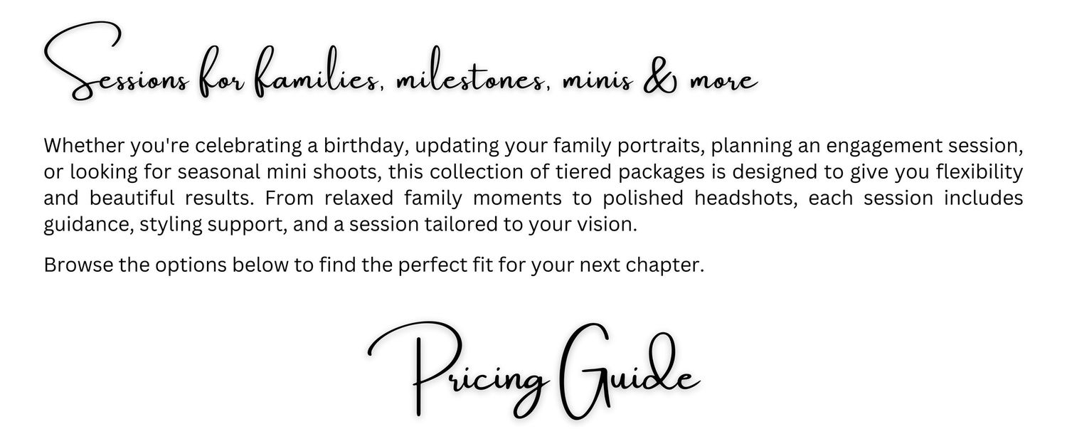 Elegant script text and pricing guide header displayed in muted tones on textured paper.