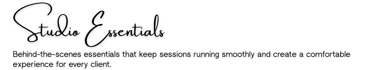 Studio Essentials logo with tagline about behind-the-scenes essentials for smooth sessions and client comfort.