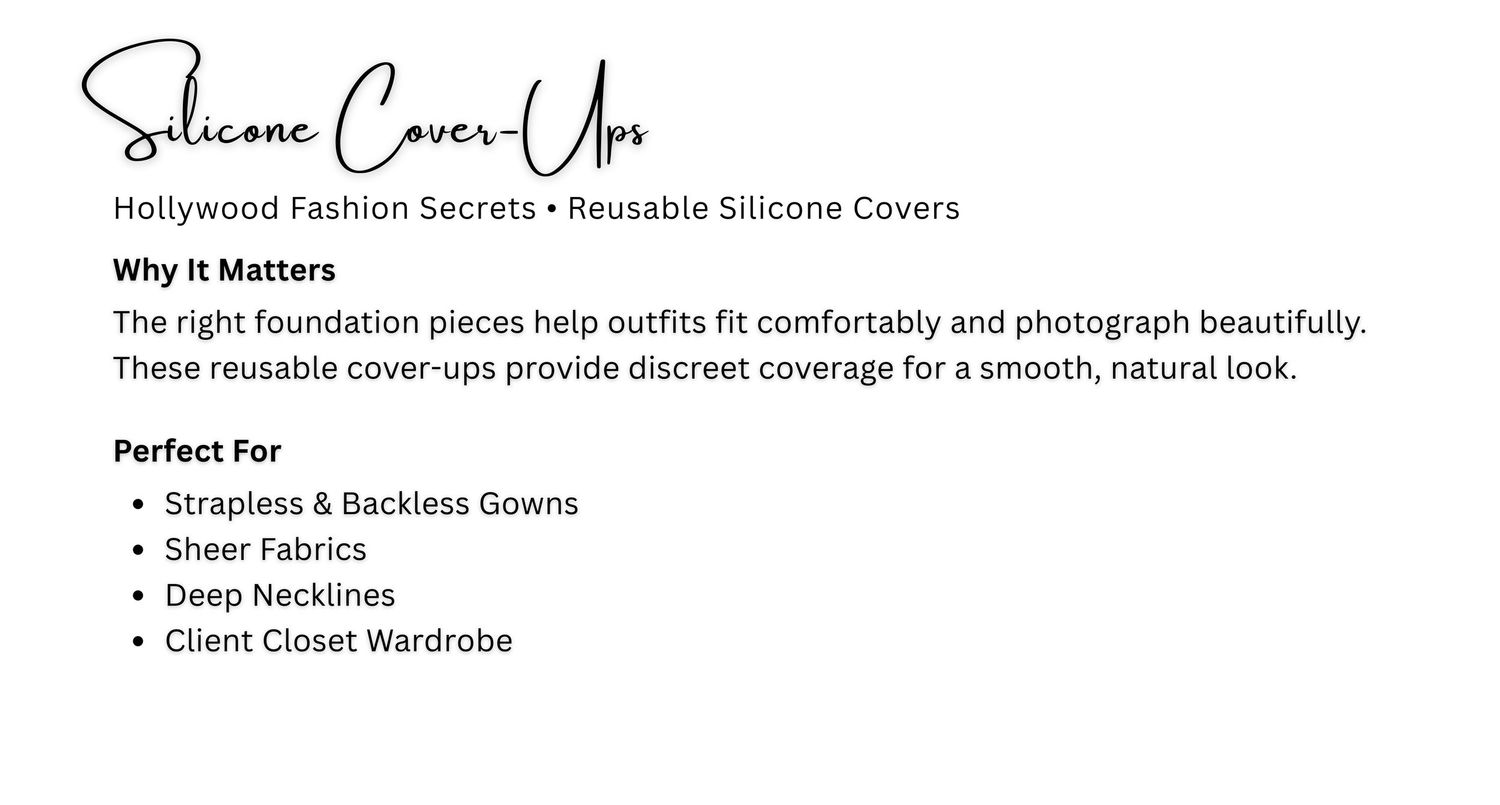 Silicone cover-ups product card showing Hollywood Fashion Secrets reusable nipple covers for strapless gowns and sheer fabrics.