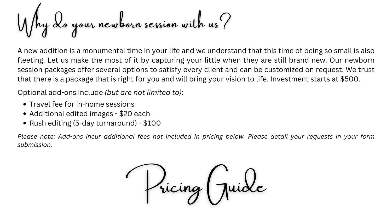 A pricing guide document with handwritten text and bullet points showing photography session details and costs.