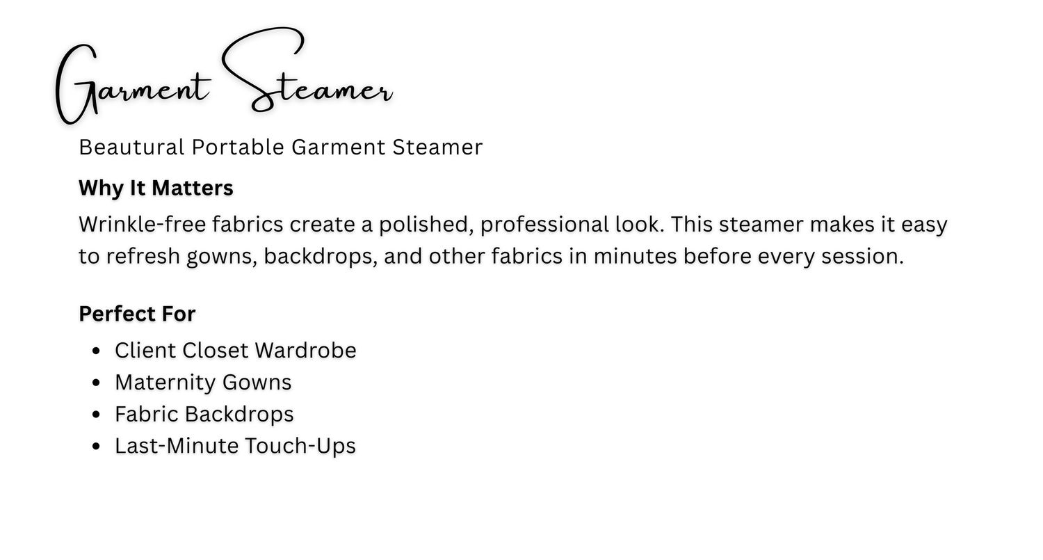 Beautural portable garment steamer product card highlighting wrinkle-free fabric care for gowns, backdrops, and last-minute touch-ups.
