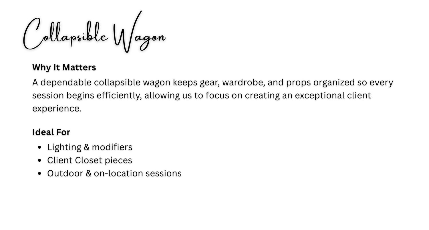 Collapsible wagon product card highlighting benefits for photographers including gear transport and on-location session organization.