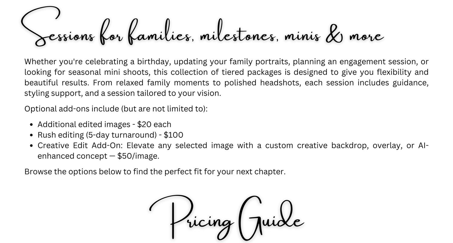 Photography pricing guide for family, milestone, and mini sessions with optional add-ons listed on elegant script background.