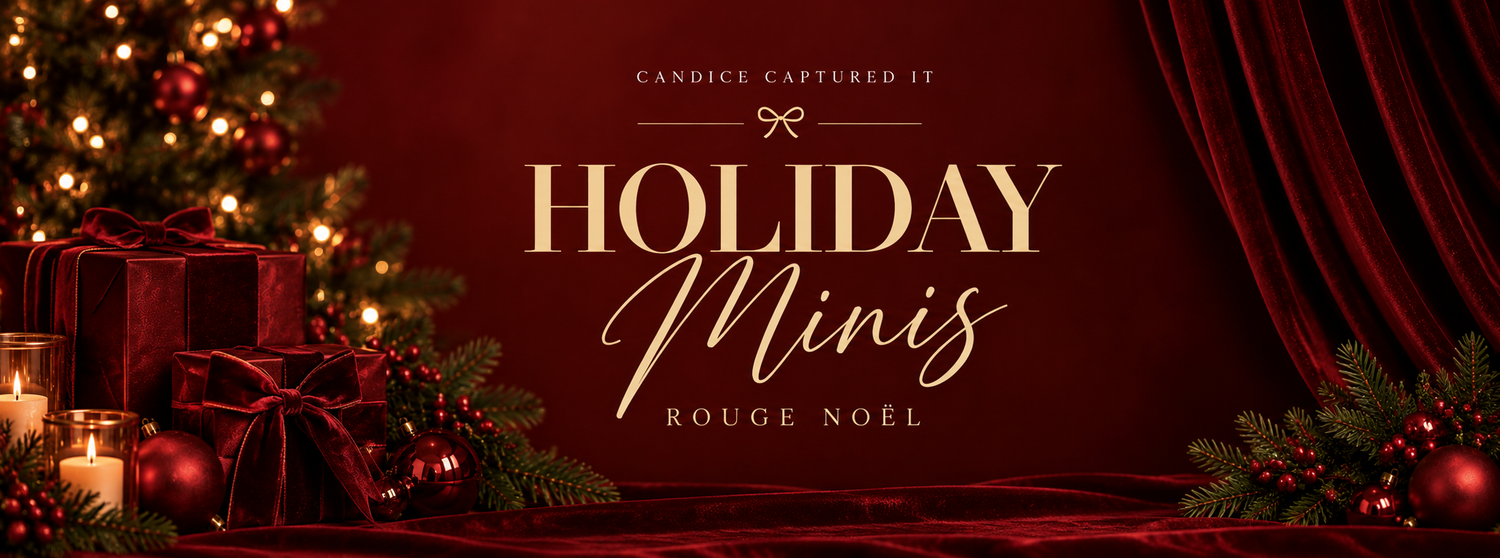 Festive Holiday Minis Rouge Noel banner with Christmas tree, red ornaments, gifts, and candles on a deep red background.