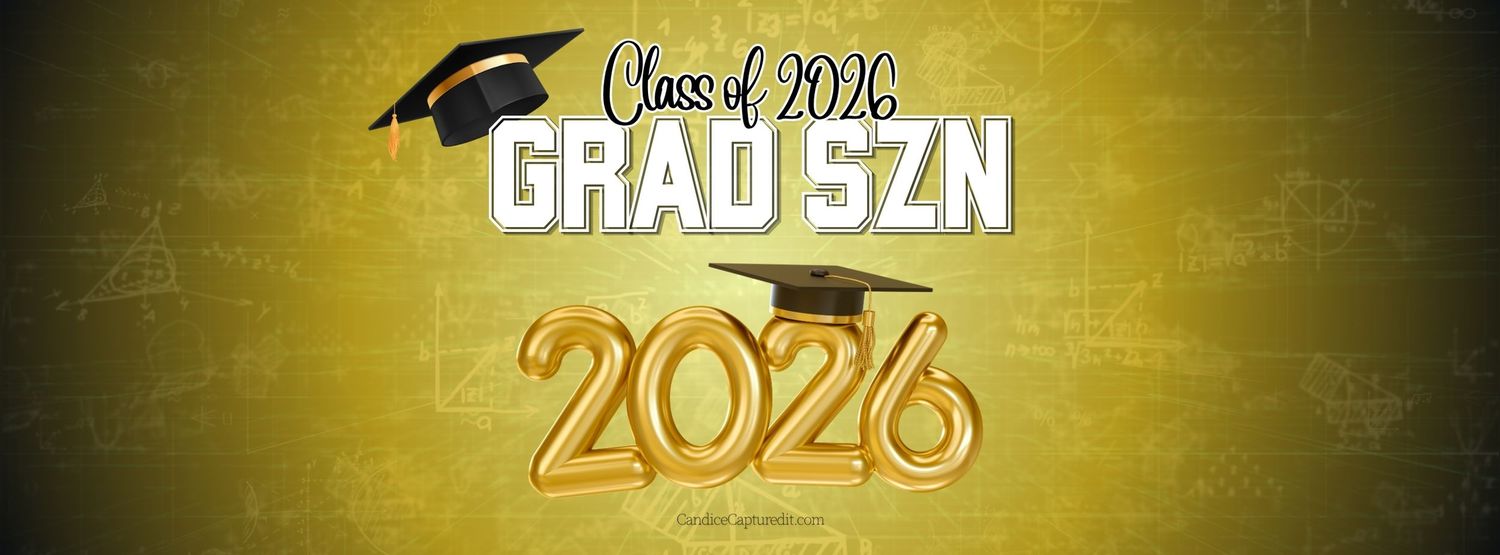 Gold and black Class of 2026 Grad SZN graduation banner with balloon numbers and mortarboard cap.