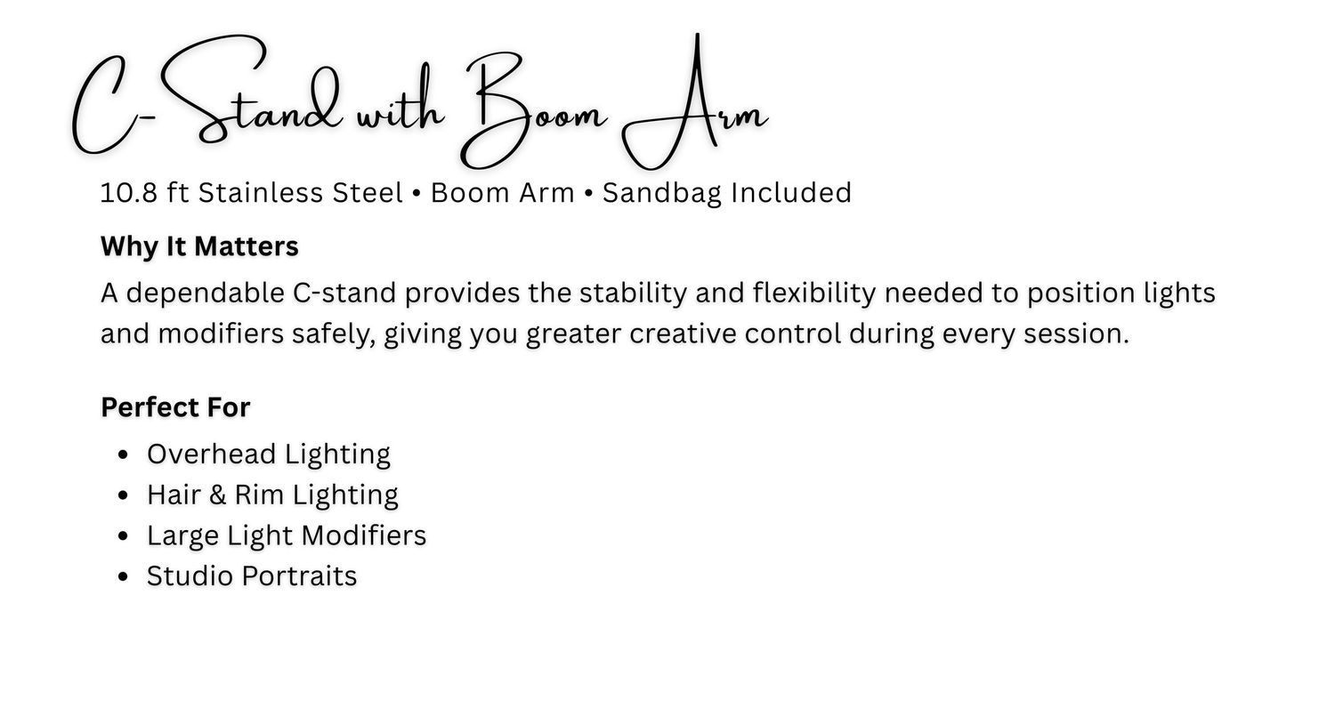 C-stand with boom arm, 10.8ft stainless steel, ideal for overhead lighting, hair and rim lighting, and large light modifiers.