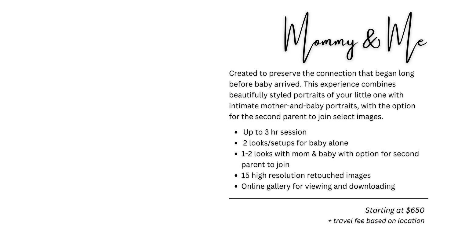 Mommy & Me newborn photography session package details on elegant white background with cursive script heading.