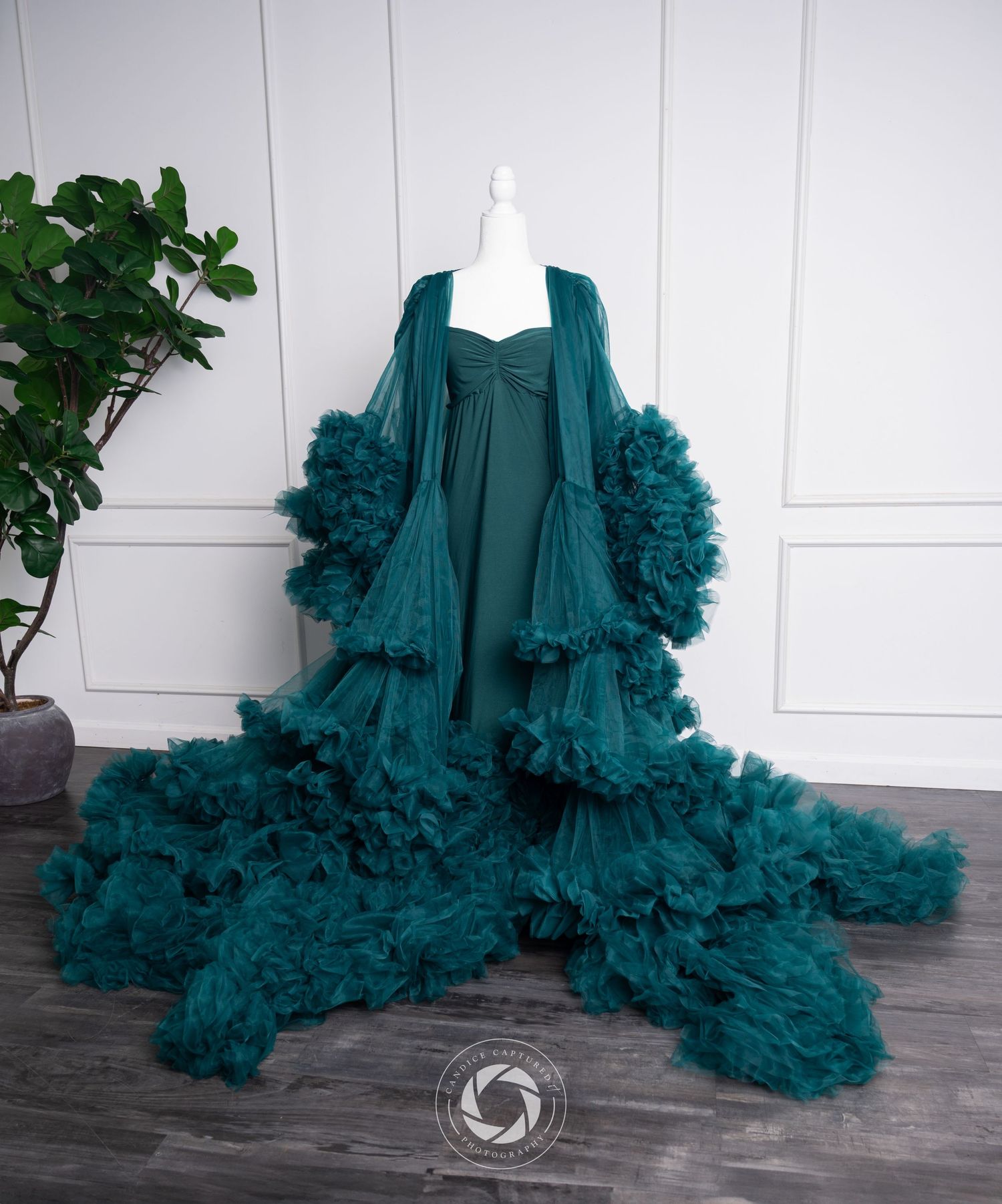 Luxurious dark teal ruffled boudoir robe with dramatic tulle train photographed from multiple angles on hardwood floor.