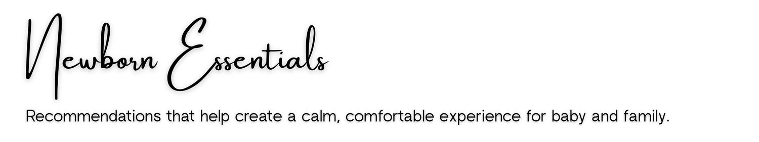Newborn Essentials logo with tagline recommending products for a calm, comfortable experience for baby and family.