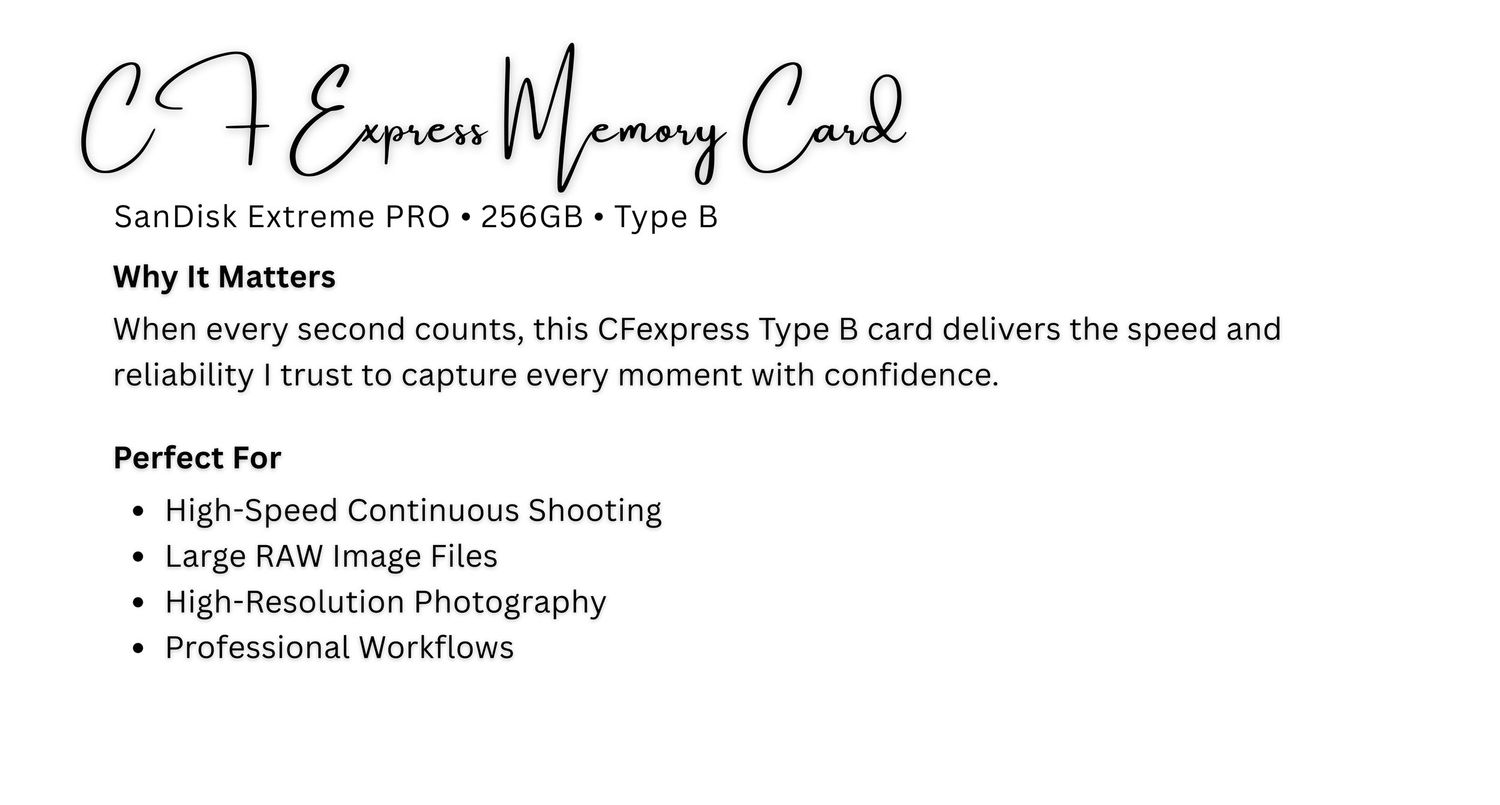 SanDisk Extreme PRO CFexpress Type B 256GB memory card for high-speed continuous shooting and RAW image files.