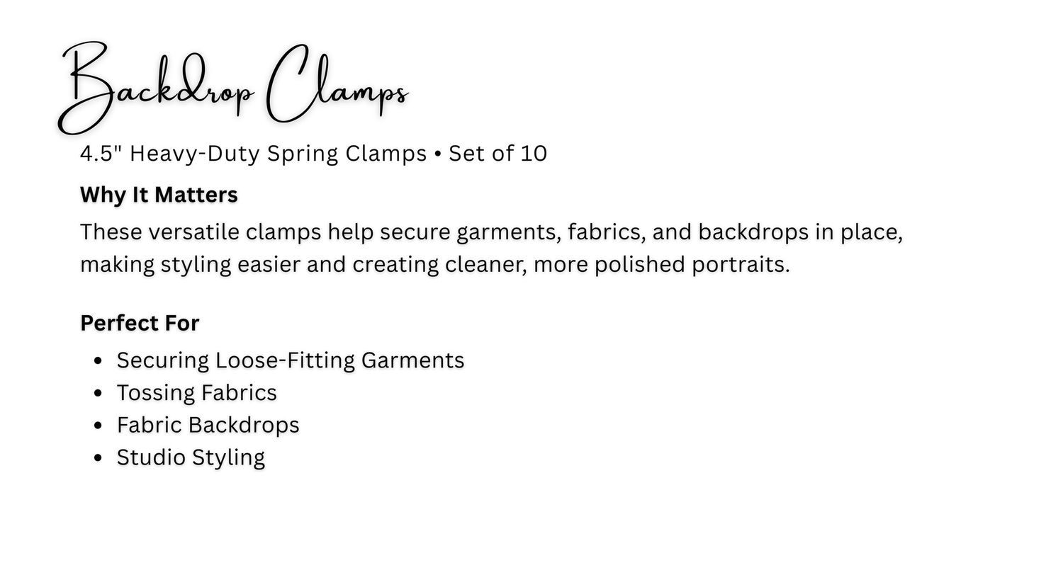 Heavy-duty 4.5-inch spring backdrop clamps set of 10 for securing garments, fabrics, and backdrops in studio styling.