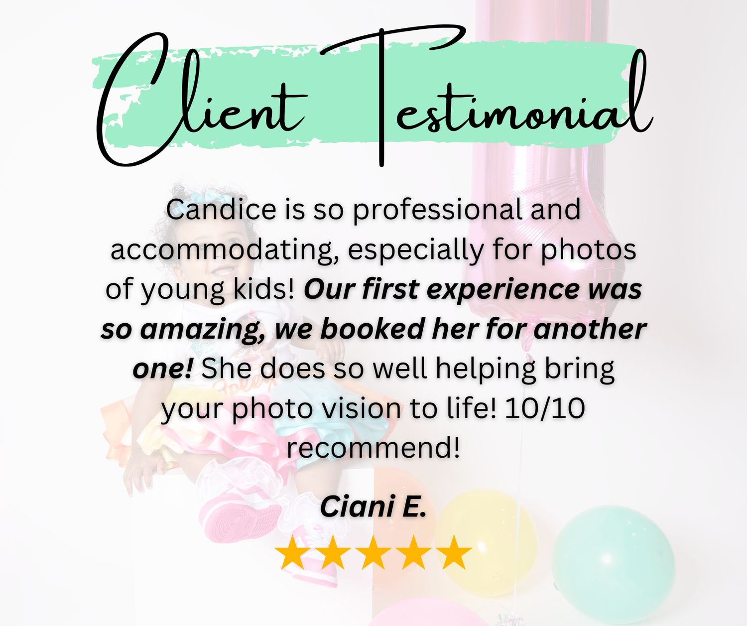 A testimonial with mint green accent praising professional photography services with young children.