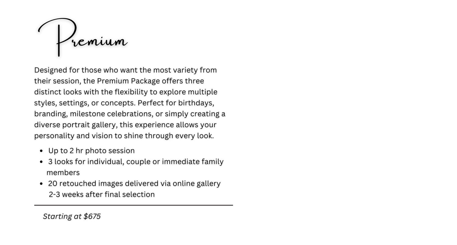 Premium photography package details card listing session inclusions, starting at $675, with elegant script logo.