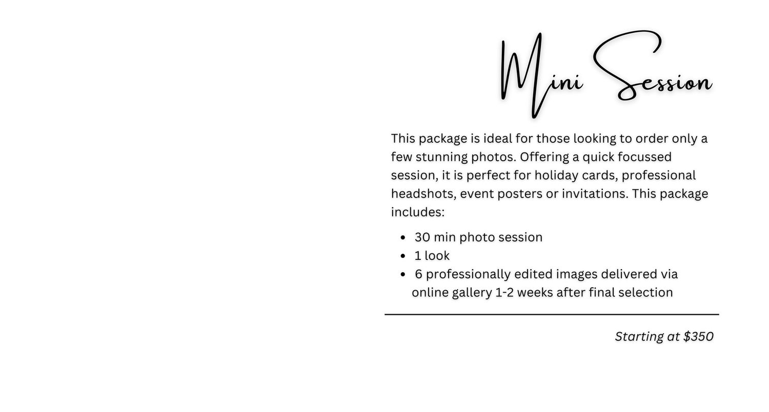 Mini session photography package flyer offering 30-min session, 1 look, 6 edited images via online gallery, starting at $350.