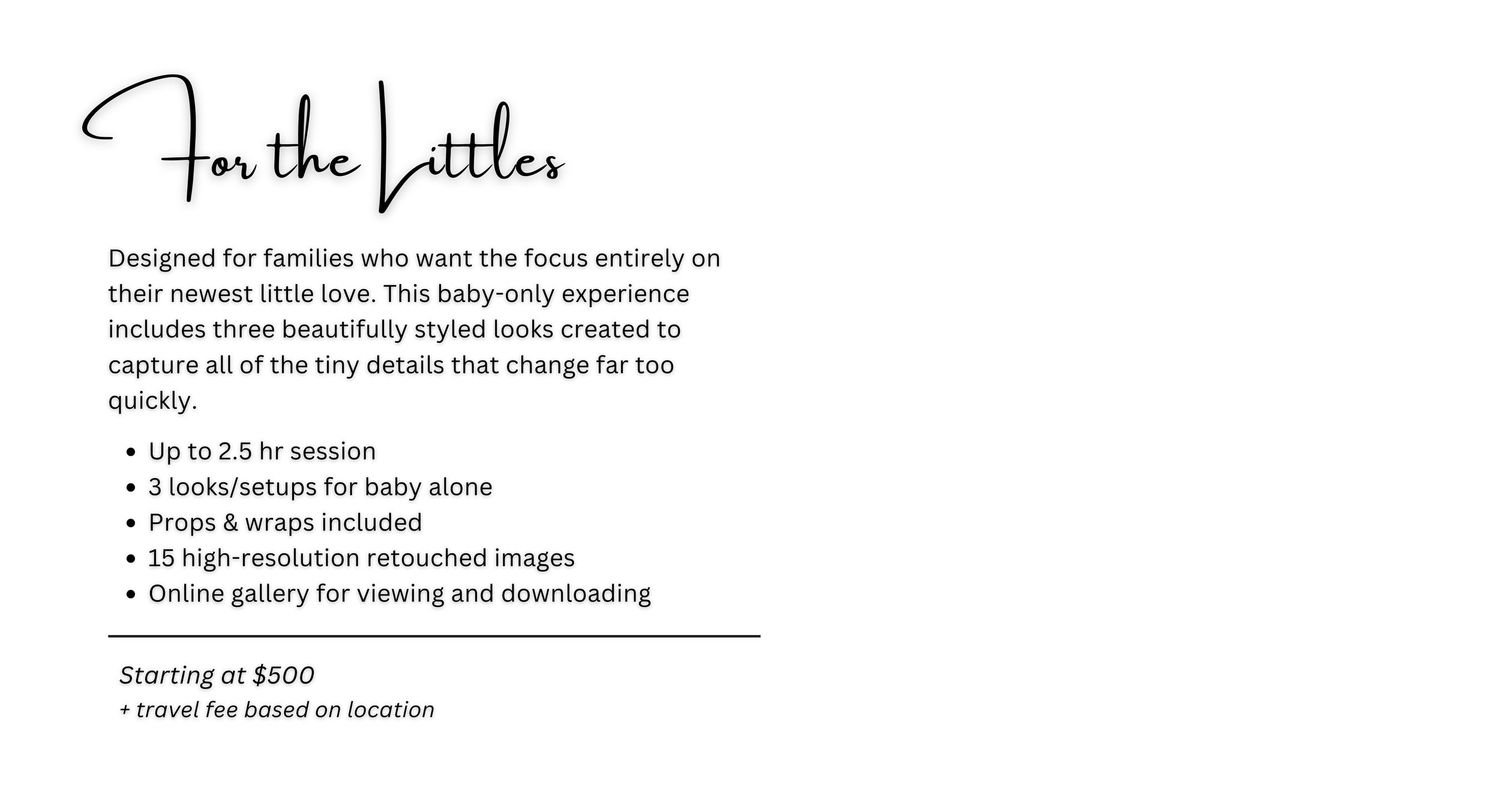 Photography package card for newborns featuring session details, pricing starting at $500, and included deliverables list.