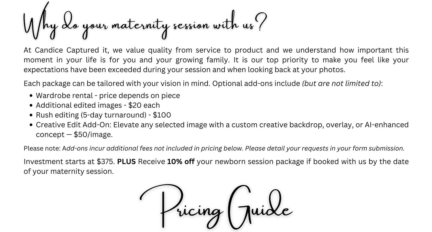 Maternity photography pricing guide with package details, add-on options, and a 10% discount offer for newborn sessions.