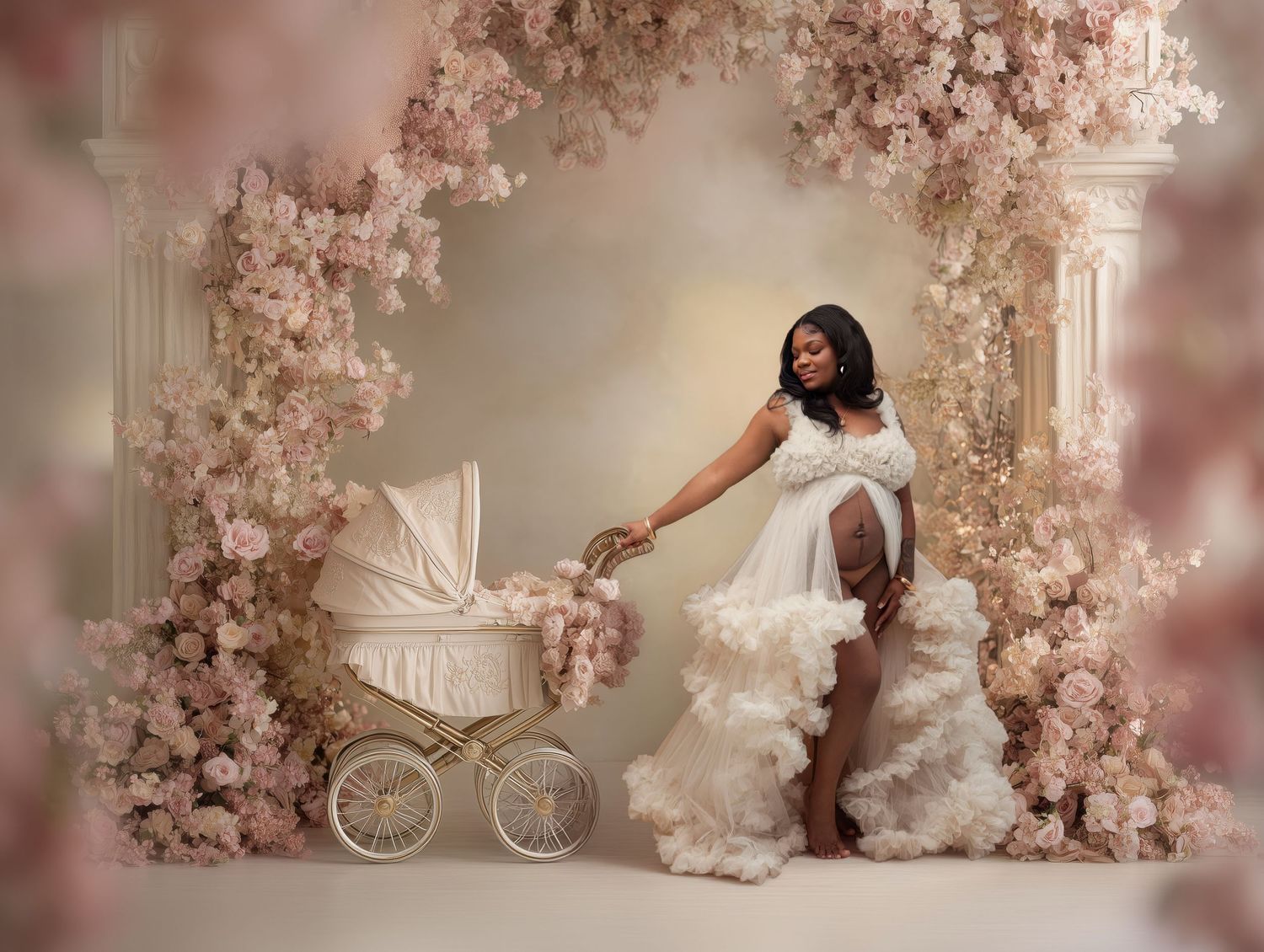 A dreamy floral photography setup with pink cherry blossoms surrounding a white carriage and elegant props.