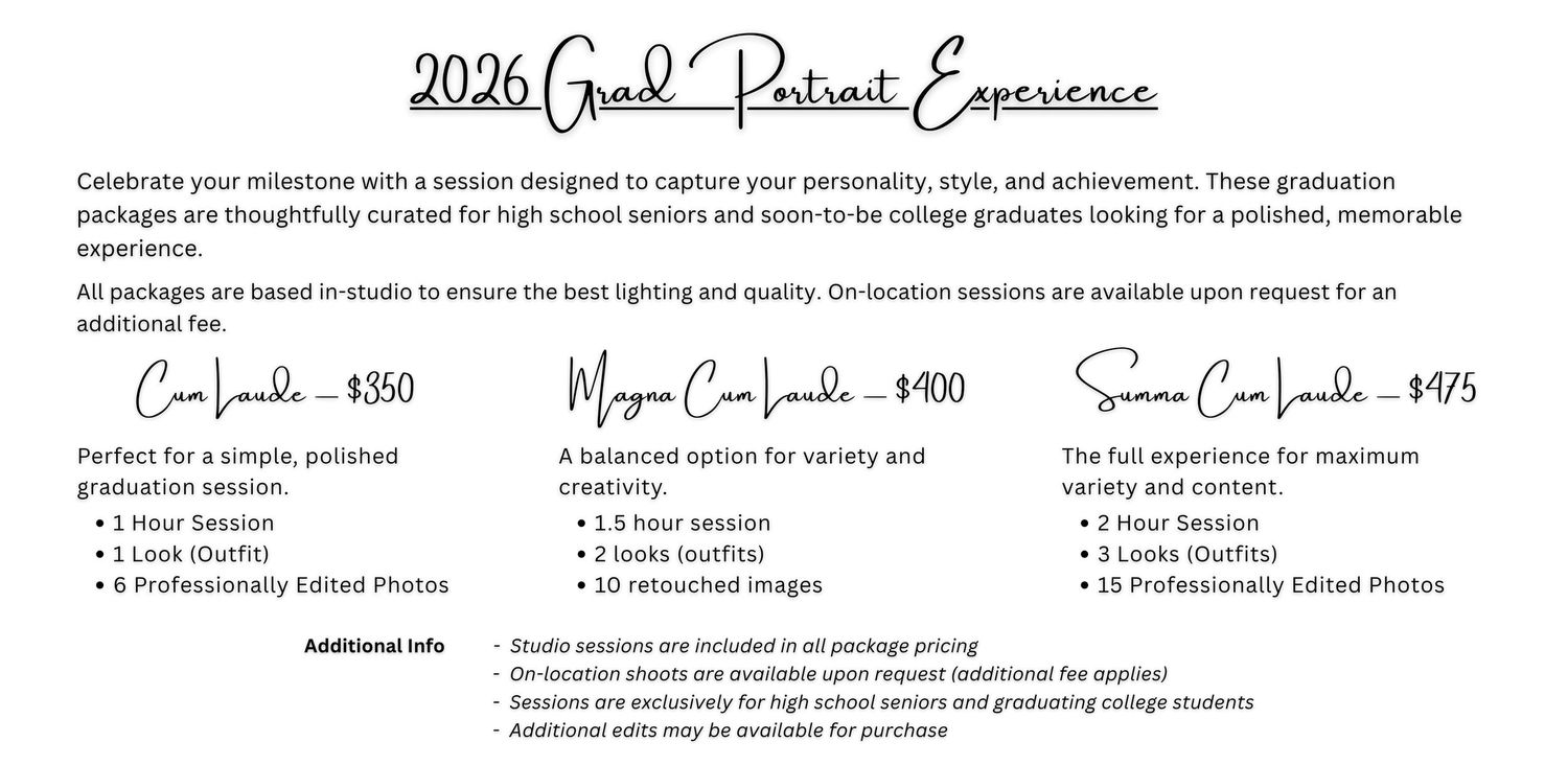 2026 grad portrait experience packages flyer offering three tiers for high school seniors with edited photos.