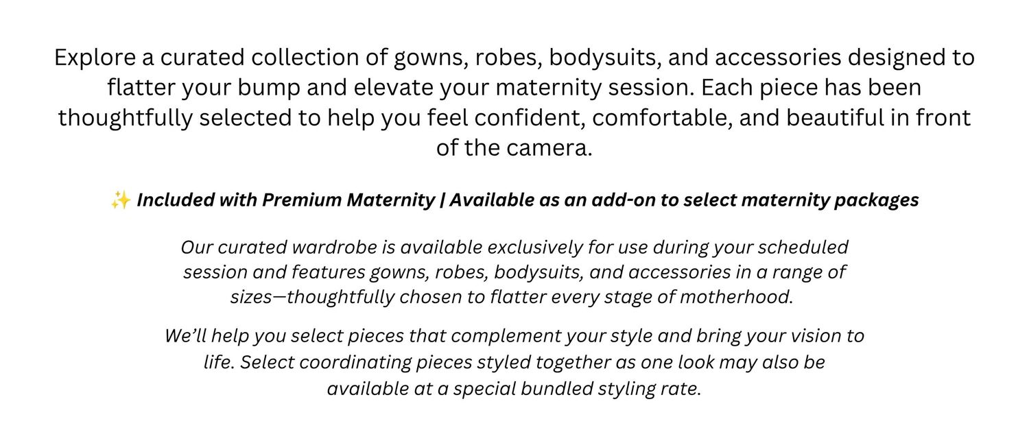 Curated maternity wardrobe collection featuring gowns, robes, and bodysuits designed for flattering, comfortable photoshoot styling.