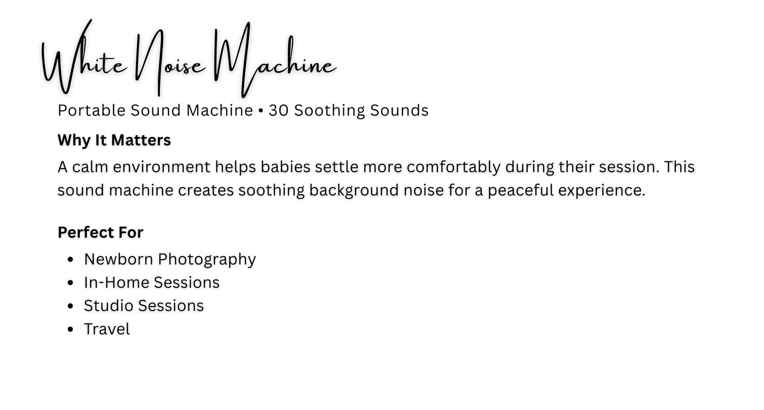 White noise machine product card showing a portable sound machine with 30 soothing sounds for newborn photography and studio sessions.