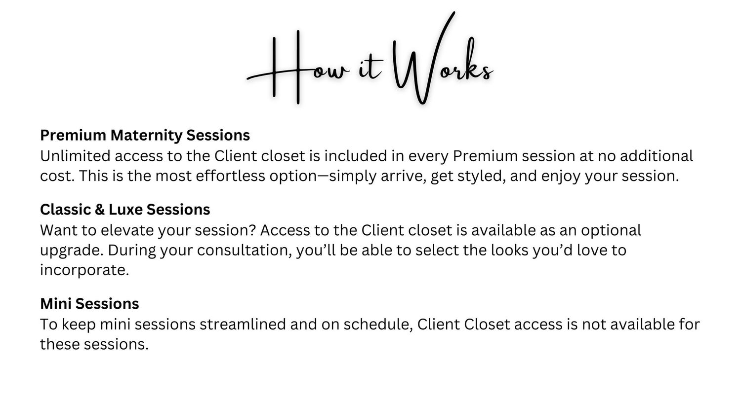 Infographic explaining how premium, classic, luxe, and mini maternity photography sessions work with client closet access details.