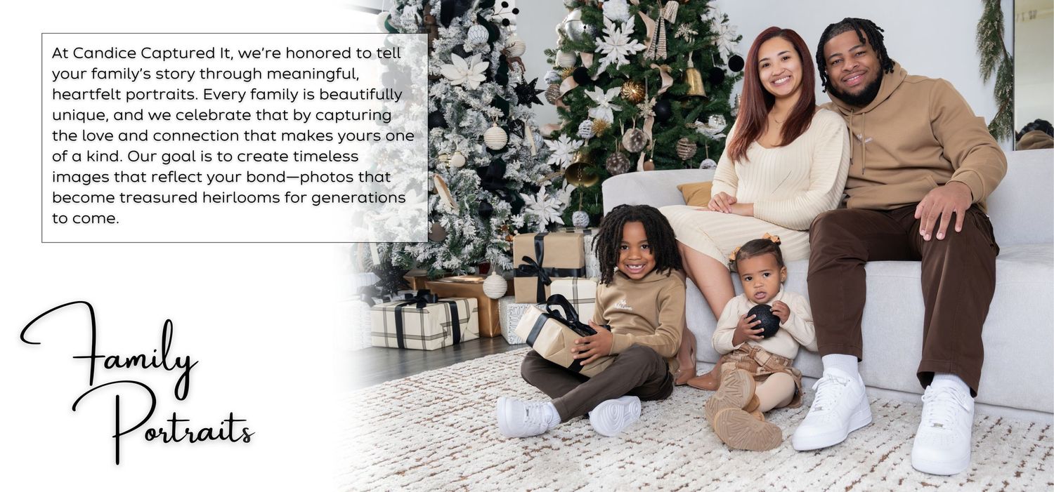 A collage of three lifestyle photos showing family portraits and text overlays in soft neutral tones.