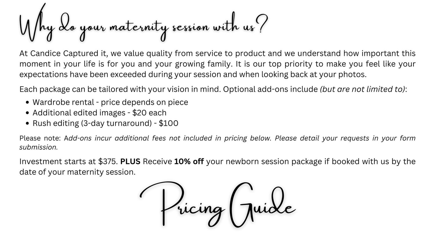 A pricing guide document shows text about maternity sessions with a handwritten title and signature at the bottom.