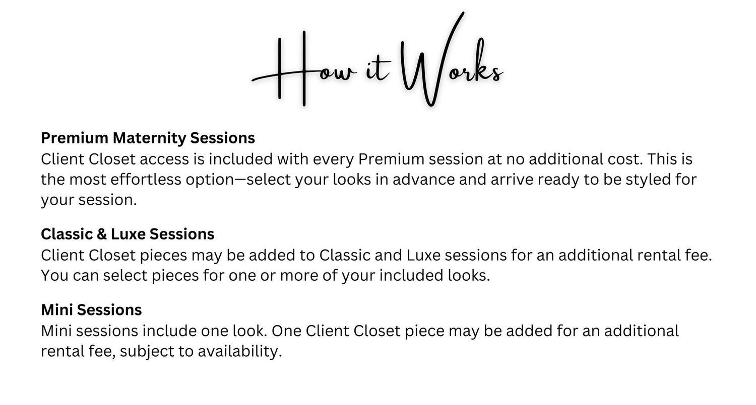 Elegant photography studio pricing guide showing how it works with Premium, Classic, Luxe, and Mini session client closet details.