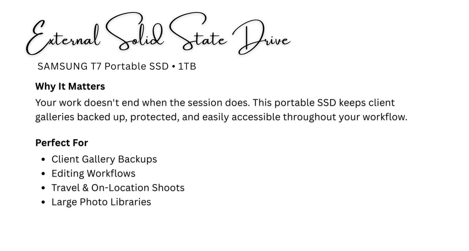 Samsung T7 Portable 1TB external solid state drive for client gallery backups, editing workflows, and travel shoots.