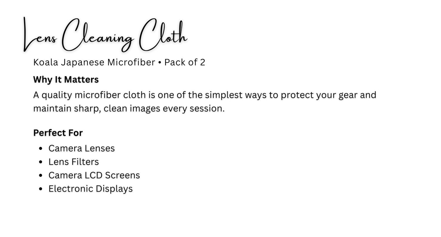 Koala Japanese Microfiber Lens Cleaning Cloth 2-pack for camera lenses, filters, LCD screens, and electronic displays.