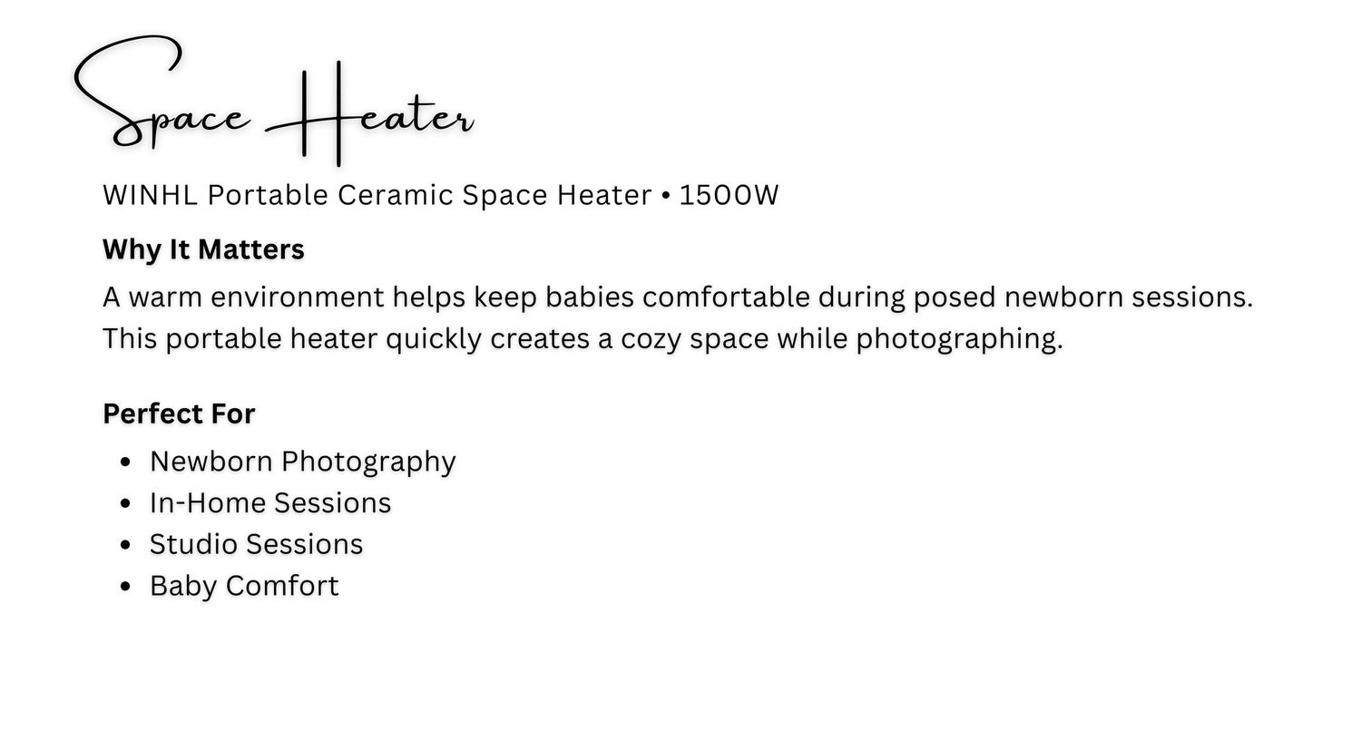 WINHL 1500W portable ceramic space heater perfect for newborn photography, in-home sessions, studio sessions, and baby comfort.