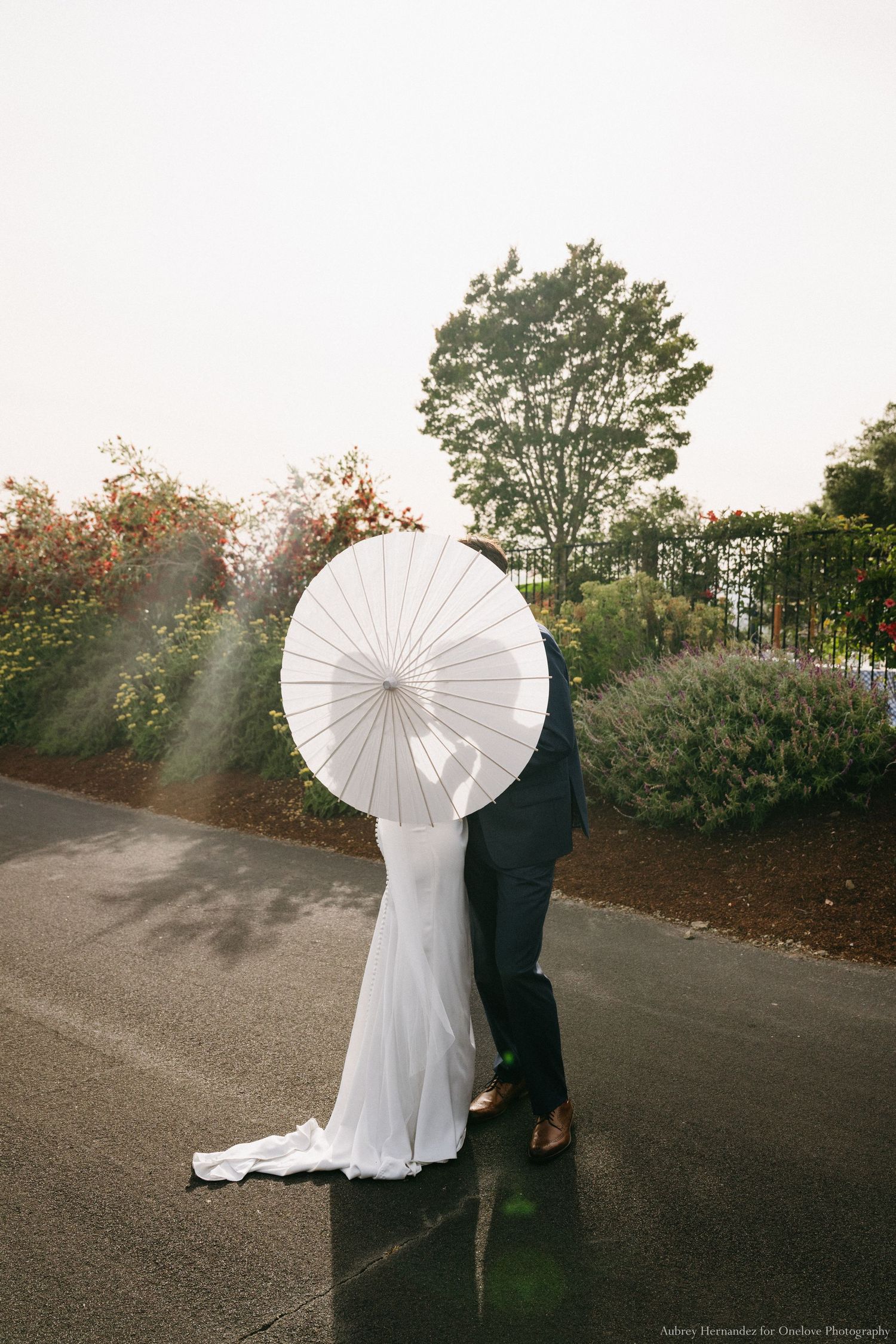 A romantic wedding couple poses with a white parasol at sunset creating silhouettes against an autumn backdrop.
