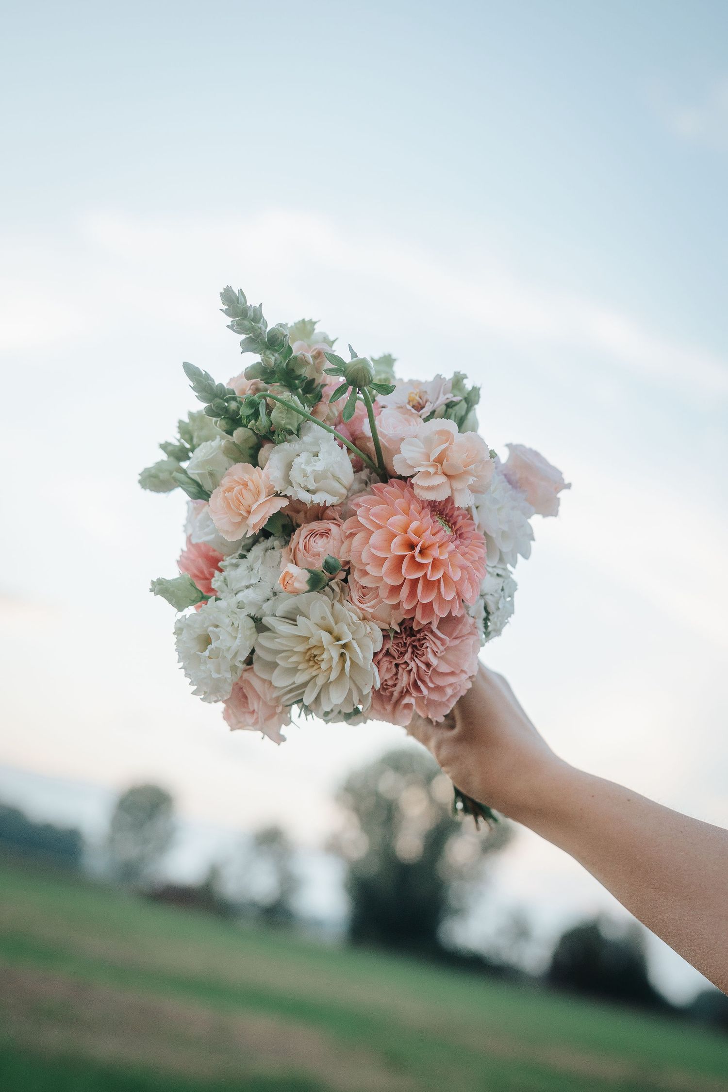 Hand holding a wedding bouquet of peach dahlias, cream roses and green foliage against a soft sky and blurred meadow.