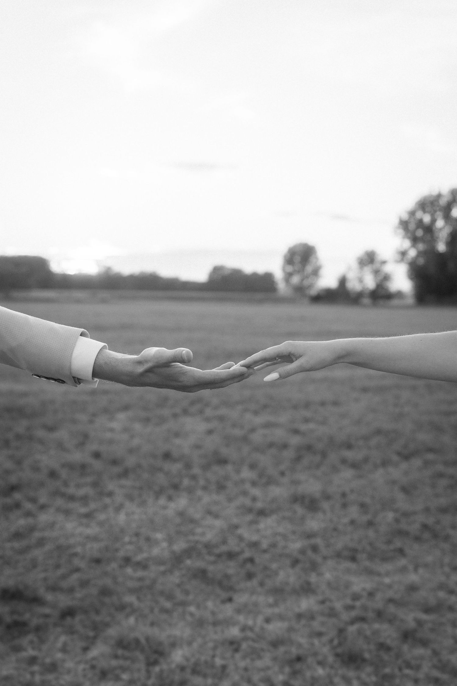 Black and white photo of two outstretched hands gently reaching to touch across an open grassy field with distant trees.