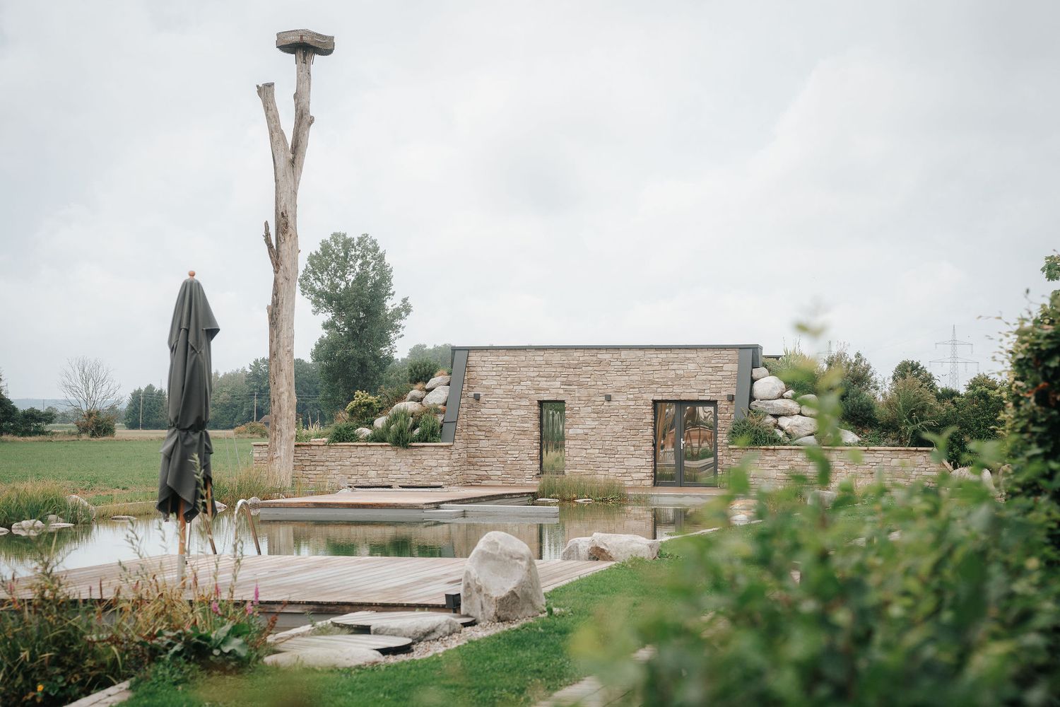 Modern stone building beside a natural swimming pond with a closed patio umbrella, tall dead tree trunk, and lush greenery under an overcast