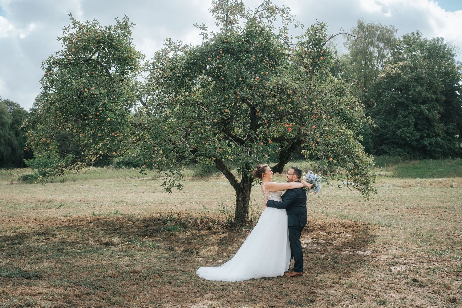 Bride in a white gown and groom in a dark suit embrace beneath a large leafy tree in a sunny open field.